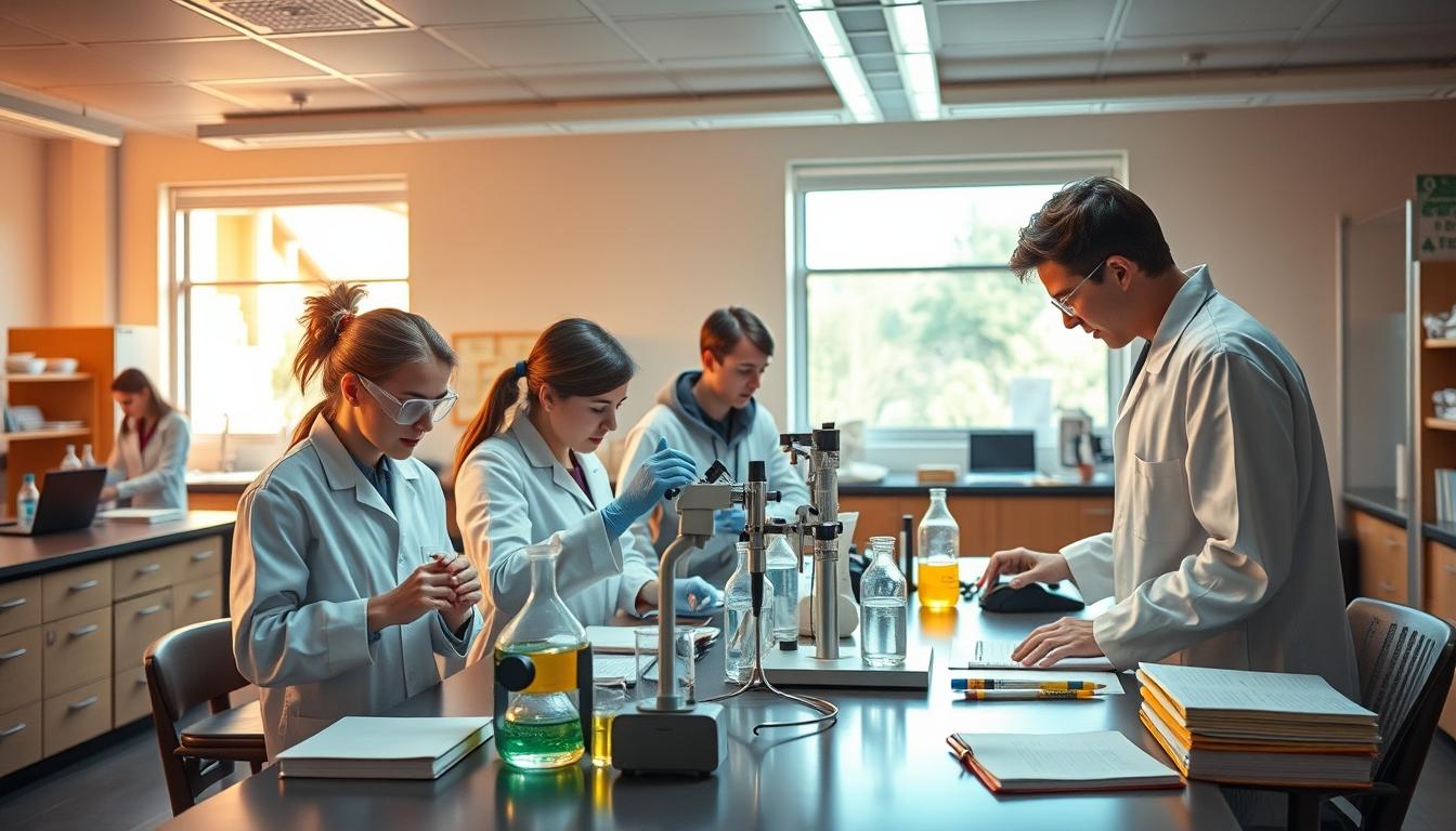 Students studying together in modern classroom